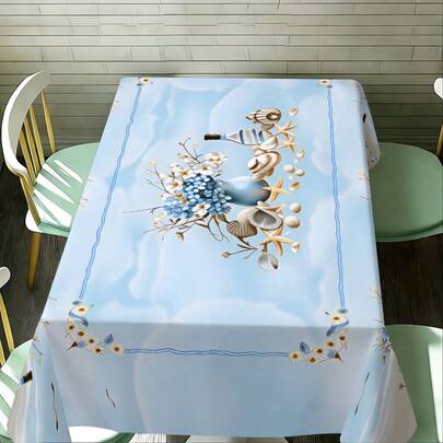 1 pieza ¡Vibra de vacaciones! Mantel con estampado de elementos oceánicos, patrón de estrellas de mar, conchas y olas, mantel de comedor para patio exterior de color azul pálido, de tela de poliéster, adecuado para reuniones familiares/fiestas/picnics al aire libre/bodas al aire libre, uso interior y exterior, regalo de decoración del hogar