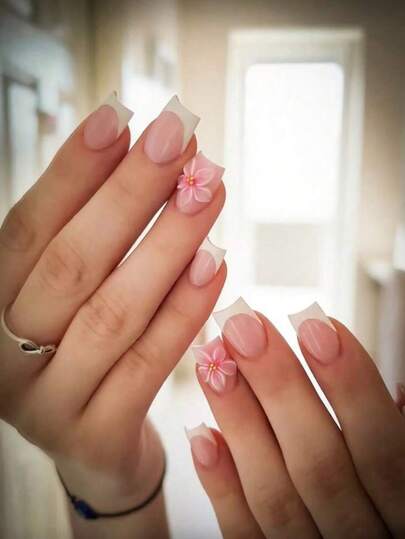 10 Stücke Y2K Stil weiß umrandete Blumen-Präge Nagel Sticker, handgemachte quadratische French Manicure Sticker, weiße French Kanten und weißes Blumenmuster, süß und sanft geeignet für alle Jahreszeiten, ideal für Alltag, Arbeit und Partywear, perfektes Geschenk für Mädchen und Frauen Handgemachte Aufklebe-Nägel