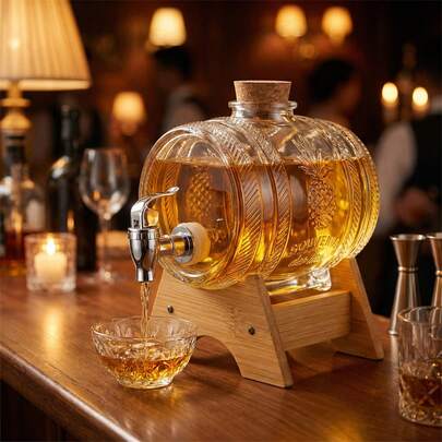 1L Glass Whisky Decanter With Tap & Wooden Stand, Barrel Shaped Drinks Dispenser With Cork Lid For Whisky, Rum, Gin & Home Bar Gift