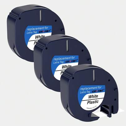 3卷12毫米标签带，兼容Dymo标签打印机，91331 S0721660 白色塑料标签带，12毫米 x 4米（1/2英寸 x 13英尺），适用于Dymo LetraTag 200B LT100H LT100T LT110T，黑字白底