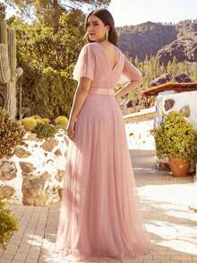 EVERPRETTY Plus Size Ruffle High Waist Light Pink Bridesmaid Dress,Spring Summer Wedding Guest Dresses For Party, Holiday Formal Dresses - Baby Pink - View 3