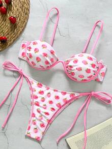 Bikinx Women's Casual Backless Sweet Fruit Print Bikini Set With Tie Back And Contrast Binding Spaghetti Strap High Stretch Cute Swimuit - Pink - View 6