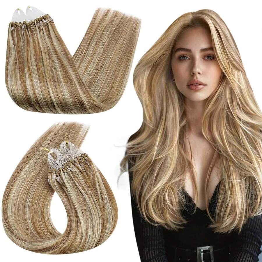 Straight Micro Loop Real Human Hair Extensions Microlink Micro Ring Link Hair For Women 30g/Pack 30 Strands Micro Beads Hair Extensions Silk Straight Human Hair Extensions - S18/613 - 查看 1