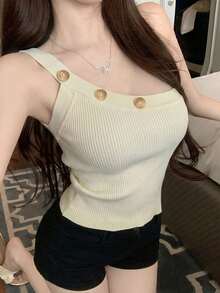New Knitted Camisole Top, Asymmetrical Fitted Sexy Spaghetti Strap Blouse, Spring/Summer - Apricot - View 1