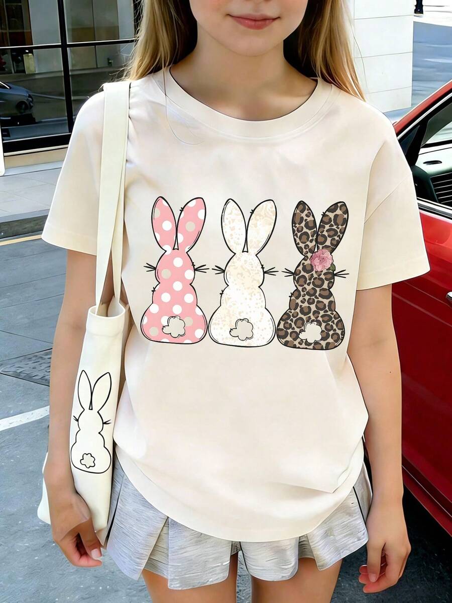 1 chiếc áo thun ngắn tay in hình thỏ dễ thương dành cho bé gái tuổi teen, áo mùa hè cho học sinh. - Màu be - Xem 1