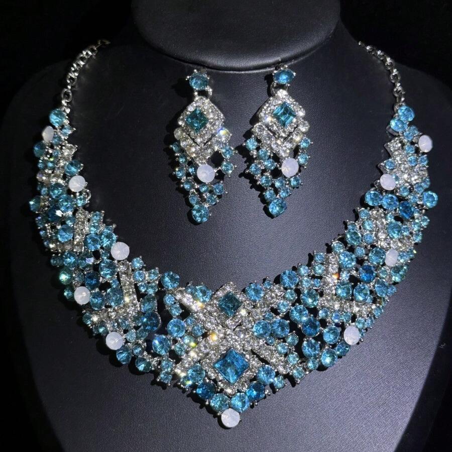 1 Set de Joyas de Aretes y Collar de Cristal Elegante con diamante de imitación, Adecuado para Novias, Bodas, Banquetes y Fiestas - conjunto de joyas - Ver 1