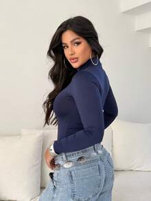 Women's Bodysuit Kit, High Neck, Long Sleeve, Second Skin, Basic, Versatile, Fashion Blogger Style, - XANH NAVY-ĐEN-TRẮNG - Xem 3