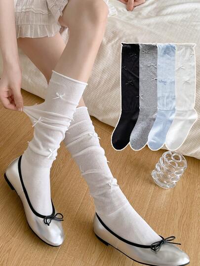 زوج واحد/4 من جوارب طويلة متعددة الألوان للنساء، جوارب فوق الركبة للربيع والصيف مع فيونكة، جوارب ساق مبطنة بلون واحد مناسبة للفساتين