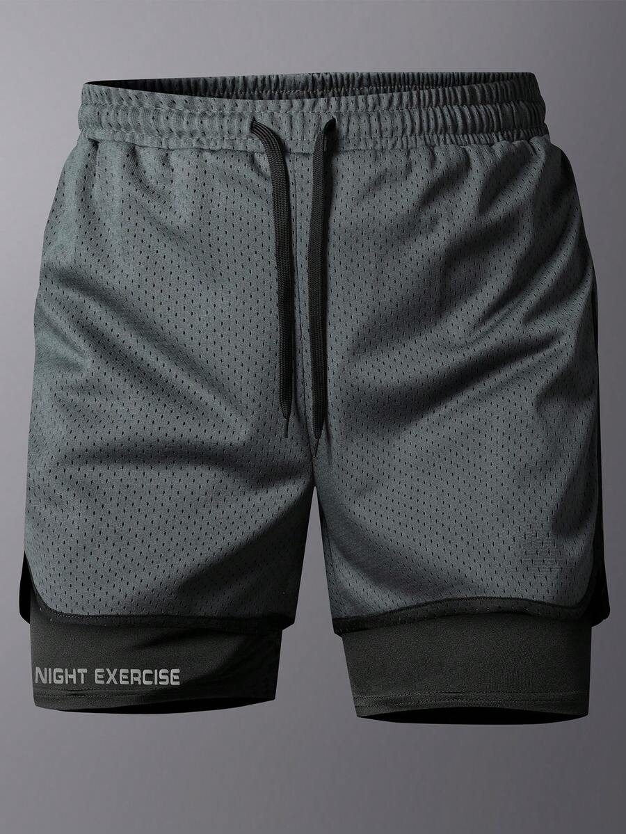 2-In-1 Men's Gym Shorts, Breathable Quick-Dry Printed Workout Shorts For Spring/Summer Outdoor Running & Fitness - Dark Grey - View 1