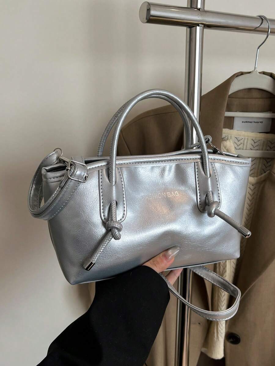 1个粉色绗缝拉链PU纯色保龄球包，大容量手提包，新款时尚复古风单肩包，适合女性日常使用，秋冬季 - 銀色 - 查看 1