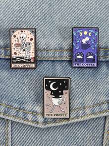 1Set Punk Gothic The Coffee Cat Tarot Enamel Pins Skeleton Drinking Coffee Brooches Lapel Badge Jewelry Gift For Friends - Multicolor - View 4