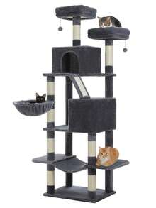 PAWZ Road 71" Cat Tree,  Large Cat Tower With 8 Scratching Posts, 2 Perches, 2 Caves, Basket, Hammock, Pompoms, Multi-Level Plush Cat Condo For Indoor Cats - Màu xám đen - Xem 9