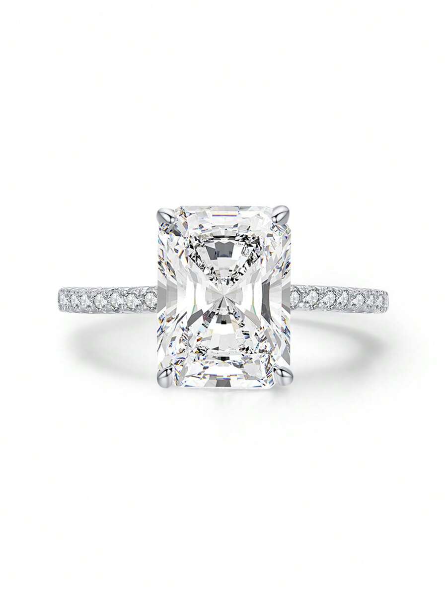 1pc Fashion 925 Sterling Silver Luxury Redian Cutting Rectangle 5A Cubic Zirconia Finger Ring For Women Wedding Engagement Jewelry Gift - Silver - View 1
