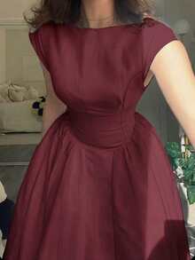 Vestido largo de manga abullonada elegante y vintage para mujer, vestido ceñido a la cintura de estilo retro, adecuado para bodas, citas, salidas, romántico, lindo, vestido de cintura ceñida - Burdeos - Ver 4
