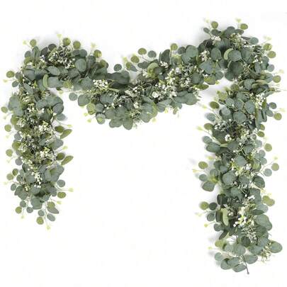 1/2 vòng hoa bạch đàn nhân tạo, hoa trắng, dài 180cm, lá bạch đàn bạc và hoa baby's breath, vòng hoa trang trí cây xanh nhân tạo, thích hợp cho đám cưới, tiệc tùng, lò sưởi, khăn trải bàn, trang trí nhà cửa, trang trí văn phòng, trang trí mùa hè.