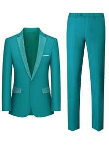 Men's 3-Piece Suit With Rhinestone Lapel, Slim Fit Blazer And Pants Set, Formal Business Wedding Prom Tuxedo With White Dress Shirt - 水鴨藍 - 查看 4