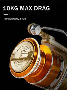 BILLINGS Carrete de pesca de agua dulce con relación de engranajes 5.2:1, arrastre máximo de 10 kg, carrete giratorio de agua salada de uso intensivo, copa de línea de metal, brazo oscilante plegable, mango intercambiable izquierda/derecha - Dorado - Ver 4