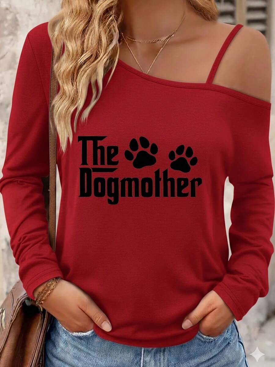 2026 New Style Off-Shoulder Camisole Vest For Women, Plus Size TopThe Dogmother Off - The - Shoulder Long - Sleeve Top With Paw Prints, Women's Casual Blouse For Dog Lovers, Layered Gold Necklaces & Denim Jeans Outfit Set, Outdoor Stone Wall Style TopEveryday Versatile And Comfortable Spring/Summer Clothing - 紅色 - 查看 1