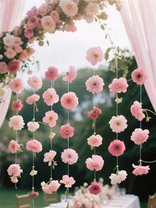 21pcs/Set Floral Waterfall Set, Mixed Pink Artificial Flowers And 1 Roll Transparent Ribbon, Fake Flower Decor, DIY Props For Wedding Party, Valentine's Day, Bridal Shower, Birthday Room Decoration (Flower Color Random) - Multicolor - View 7