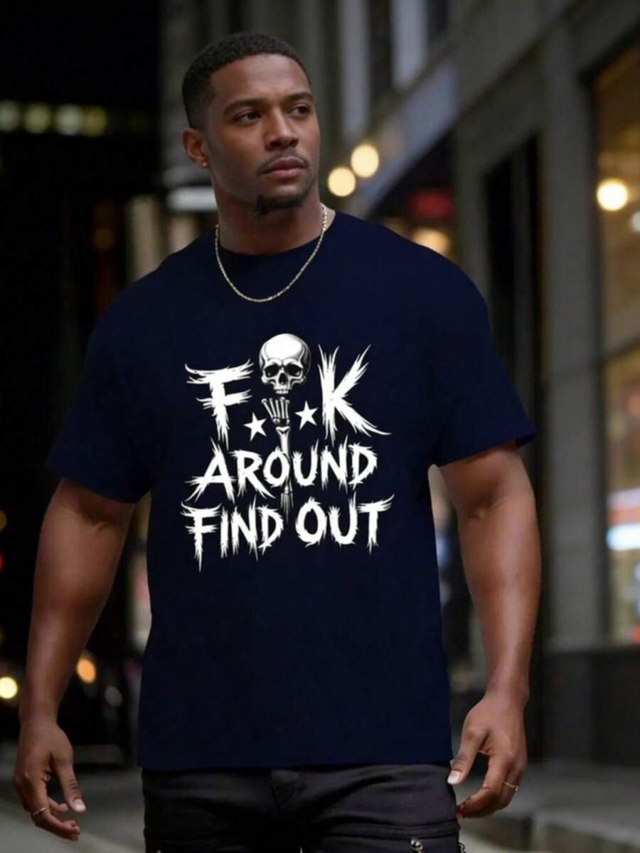 Men's "FK Around And Find Out" Graphic T-Shirt-Cotton Casual Tee With Skull & Stars Print, For Summer, Sports, Travel & Casual Attire Leisure Clothing - 藏蓝色 - 查看 1