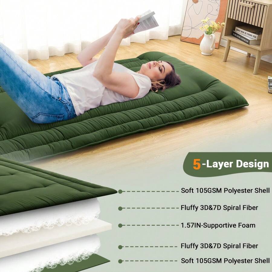 Colchón de suelo japonés plegable - Tatami portátil y ligero - Perfecto para dormitorio, camping, viajes, RV y apartamento - Ideal para niños y huéspedes, TWIN (99x203cm) USA - Verde militar TWIN (99*203cm) EE. UU. - Ver 1