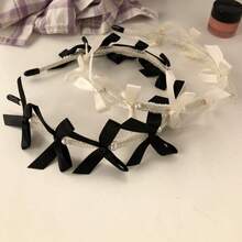 1件涤纶休闲蝴蝶结发带，适合所有季节 - 黑色+白色 - 查看 2