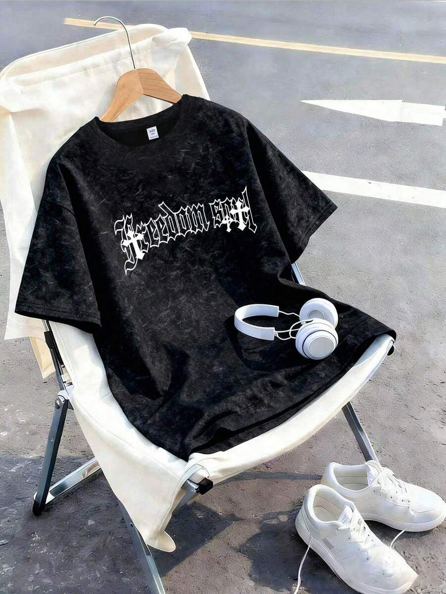 印花十字交叉设计宽松短袖T恤，休闲风格，适合青少年，日常穿着、外出、聚会、上学、音乐节、度假和通勤都非常合适。也是送给家人、男朋友、女朋友和朋友的绝佳礼物。 - 彩色 - 查看 1