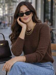 Women's Textured Knit Long Sleeve Blouse, Winter Blouses, Women's Blouses, Brazilian Casual Elegant - 鏽棕色 - 查看 3