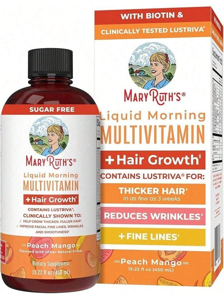 Liquid Multivitamin+Hair Growth | Biotin 10000mcg | Hair Growth Supplement | Clinically Tested In Women For Thicker Hair&Facial Wrinkle | Skin Care | Ages 18+ | 15.22 Fl Oz - Đào Xoài - Xem 1