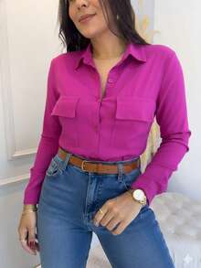 Women's Dress Shirt In Viscose Linen With Elastane, Long Sleeves, Functional Buttons, And Pocket. - Fuchsia - View 2