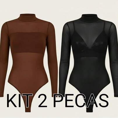 Body Tule Básico com Manga Longa Moda Outono Inverno 2025