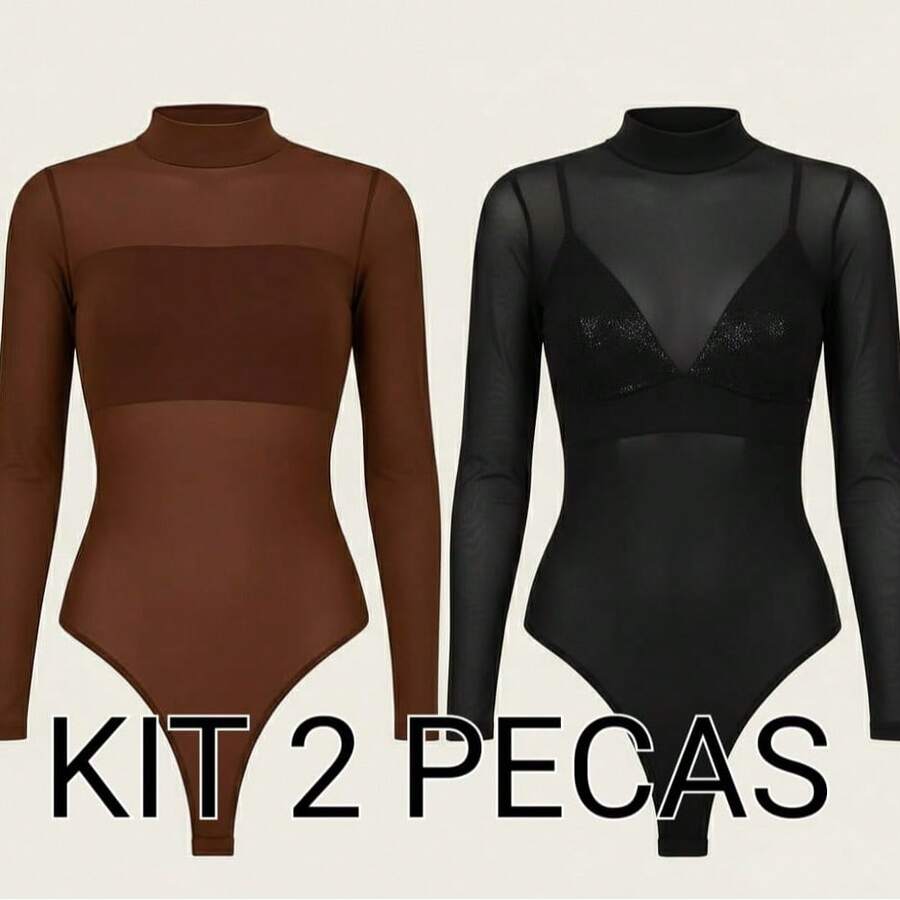 Basic Tulle Bodysuit With Long Sleeves - Fall/Winter 2025 Fashion - Brown+Black - View 1