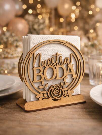 Servilletero de Madera Calado "Nuestra Boda" con Rosa Decorativa - Organizador de Mesa para Eventos y Recepciones - Centro de Mesa MDF Natural 10x10cm - Kit Armable para Decoración de Bodas y Aniversarios