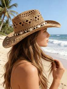 1 件波西米亚风镂空草编太阳帽，西部牛仔女郎沙滩帽，适合母亲节、复活节、度假、拍照 - 卡其色 - 查看 4