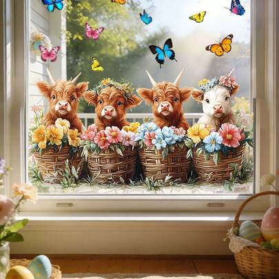 1/4pcs Cute Spring Floral, Butterfly, And Animal Window Stickers, Reusable PVC Double-Sided Visible Electrostatic Glass Stickers, Suitable For Rooms, Kitchens, Classrooms, And Home Decoration.