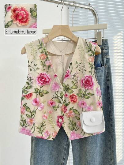 Áo blazer nữ thanh lịch, thoải mái, chất liệu vải lưới thêu hoa, cổ chữ V hai lớp, cài cúc phía trước, dáng ngắn, không tay, thích hợp cho công sở.