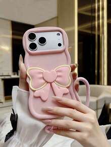 Goodbye Clumsiness! Pink Heart Bow Wave Edge Macaron Style Silicone Phone Case With Lanyard Strap, Compatible With Iphone 17, 17 Pro, 17 Pro Max, 16 Pro Max, 16 Pro, 16, 11, 12, 13, 14, 15, 12 Pro Max, 13 Pro Max, 14 Pro Max, 15 Pro Max, Apple Phone Protective Case - Pink - View 2