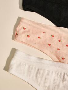 DORSU 3 piezas Bragas tipo tanga con moño lindo para mujer - Cómodas y elásticas, estampado de fresa y floral, diseño de talle bajo, tela suave de mezcla de rayón, ropa interior de moda, con entrejilla 100% algodón - Multicolor - Ver 4