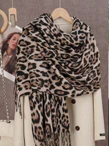1pc Women's Leopard Print Cashmere Scarf, Tasseled Warm Shawl, Comfortable Large Wrap, Windproof & Warm For Outdoor, Minimalist Versatile Daily Wear - Black Rice - View 3