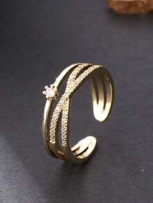 1枚奢华简约十字架设计锆石镶嵌镀金戒指，母亲节最佳礼物，结婚订婚戒指，宴会、舞会、派对珠宝 - 金黃色 - 查看 4