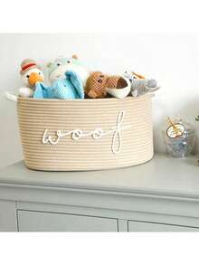 1pc Woven Rope Storage Basket With "WOOF" Embroidered Pattern - Pet Toy Organizer Basket, Can Store Chew Toys, Blankets And Leashes, Navy Blue Handles, Stackable Design, Personalized Pet Storage Basket For Cats And Dogs, Pet Gift - Multicolor - View 9