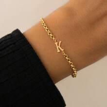 1 pieza Nuevo brazalete de cadena de acero inoxidable dorado con inicial simple para mujer - Amarillo Oro - Ver 1