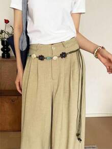 1pc Army Green Women's Polyester Simple Retro Beaded Design Versatile Beach Waist Rope - Army Green - View 1