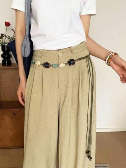 1pc Army Green Women's Polyester Simple Retro Beaded Design Versatile Beach Waist Rope