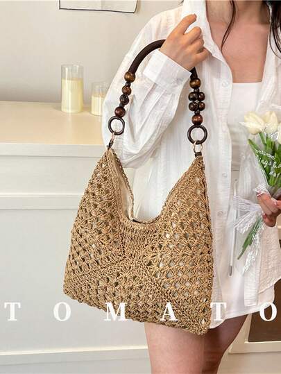 1pc Summer New Women's Woven One Shoulder Bag, Large Capacity Straw Casual Underarm Bag, Versatile Beach Shoulder Bag, Fashion Vacation Beach Bag, Magnetic Closure, Hollow-Out Design