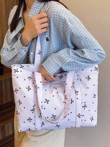 1个休闲可爱蝴蝶结装饰女士单肩手提包，轻便磁扣手提包，带标签装饰，适合女性/女孩/大学生/女士日常使用、度假、旅行、上学等场合。 - 紫色 - 查看 6