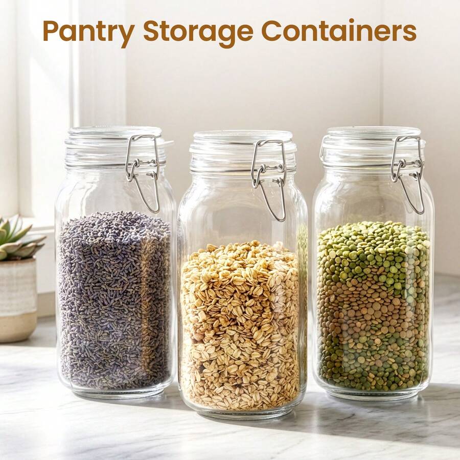 Set Of 3 Airtight Glass Storage Jars With Lids, Large Rectangular Kitchen Containers For Pickling, Jam, Pasta & Dry Food - Transparent - 2300ml - View 1