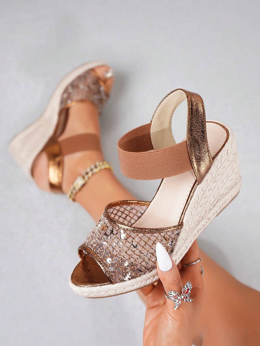 女士时尚草编绳底休闲度假厚底凉鞋 - 鏽棕色 - 查看 1