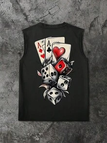 Lonblece Camiseta sin mangas de verano para hombres, con estampado de cartas de póker y dados, top de tirantes casual y musculoso, adecuado para estilo callejero y fiestas, camiseta deportiva negra - Negro - Ver 4