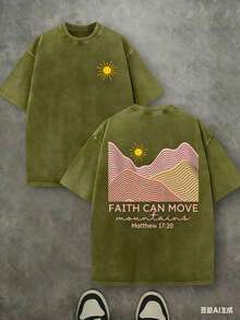 Faith Can Move Mountain Unisex Washed Christian Shirt, Christian Scripture T-Shirt, Vintage Retro Washed Shirt Double Sided Printed (230 Heavyweight Pure Cotton T-Shirt) High Quality Christian T-Shirt, Christian Gifts, Men's And Women's Shirts, Comfortable, Fashion Christian Shirt, Street Style Pure Cotton Fall Shirtwinter Clothes For Women - 綠色 - 查看 1